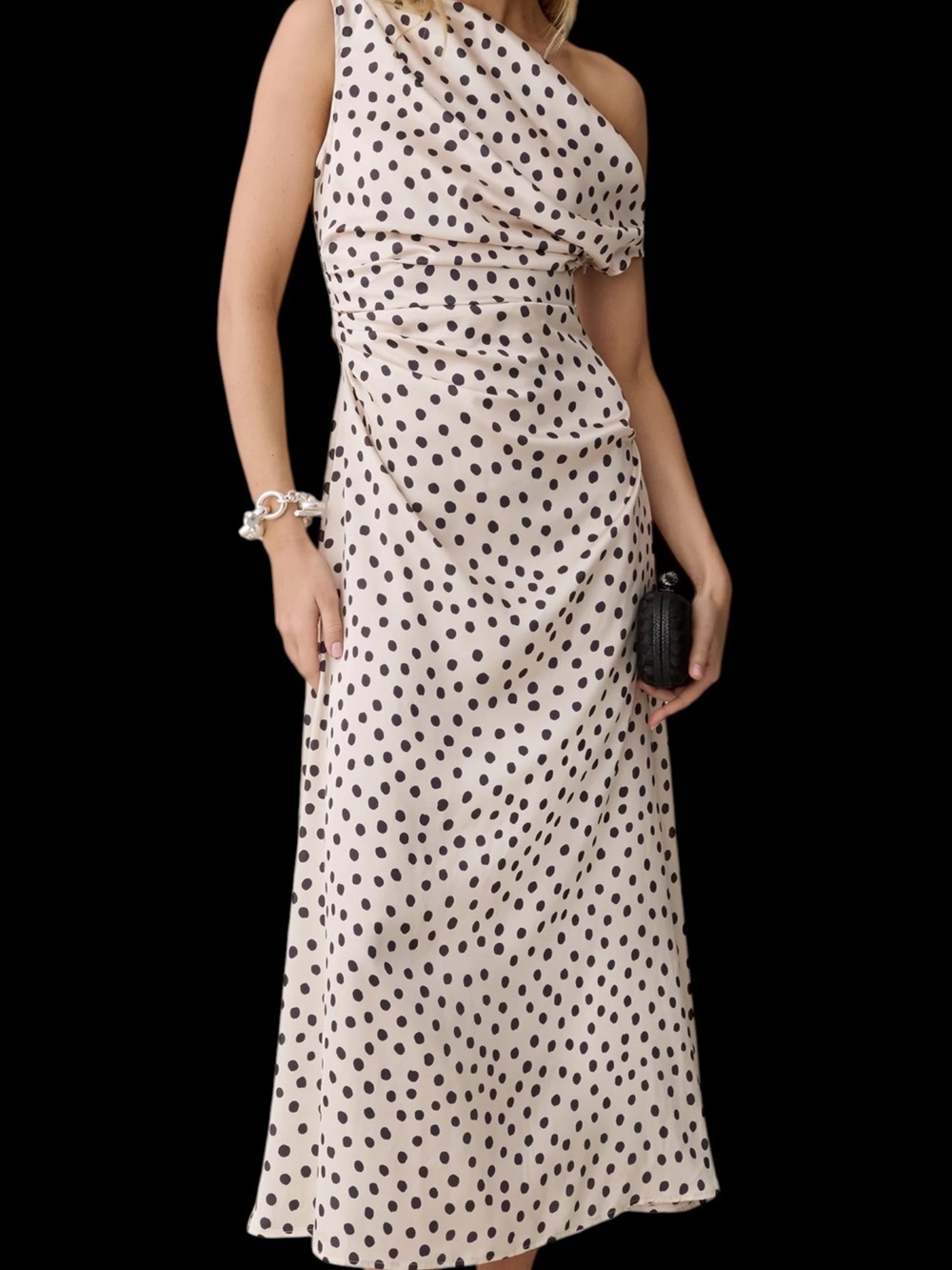 Few Moda o.p.t. Verity Dress One-Shoulder Polka Dot Maxi Cream Black NWT